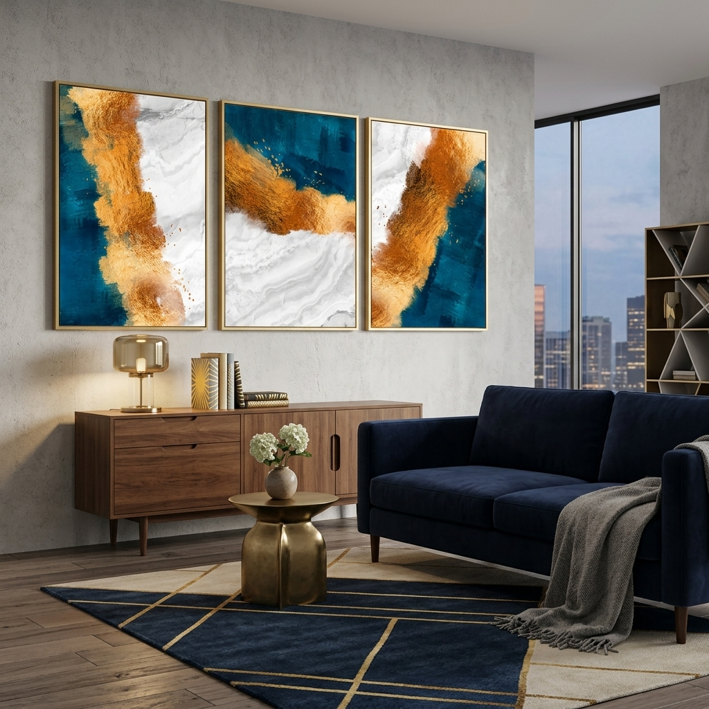 Modularer blau-goldener abstrakter Kunstdruck mit grauen Elementen, mehrere Teile auf Leinwand