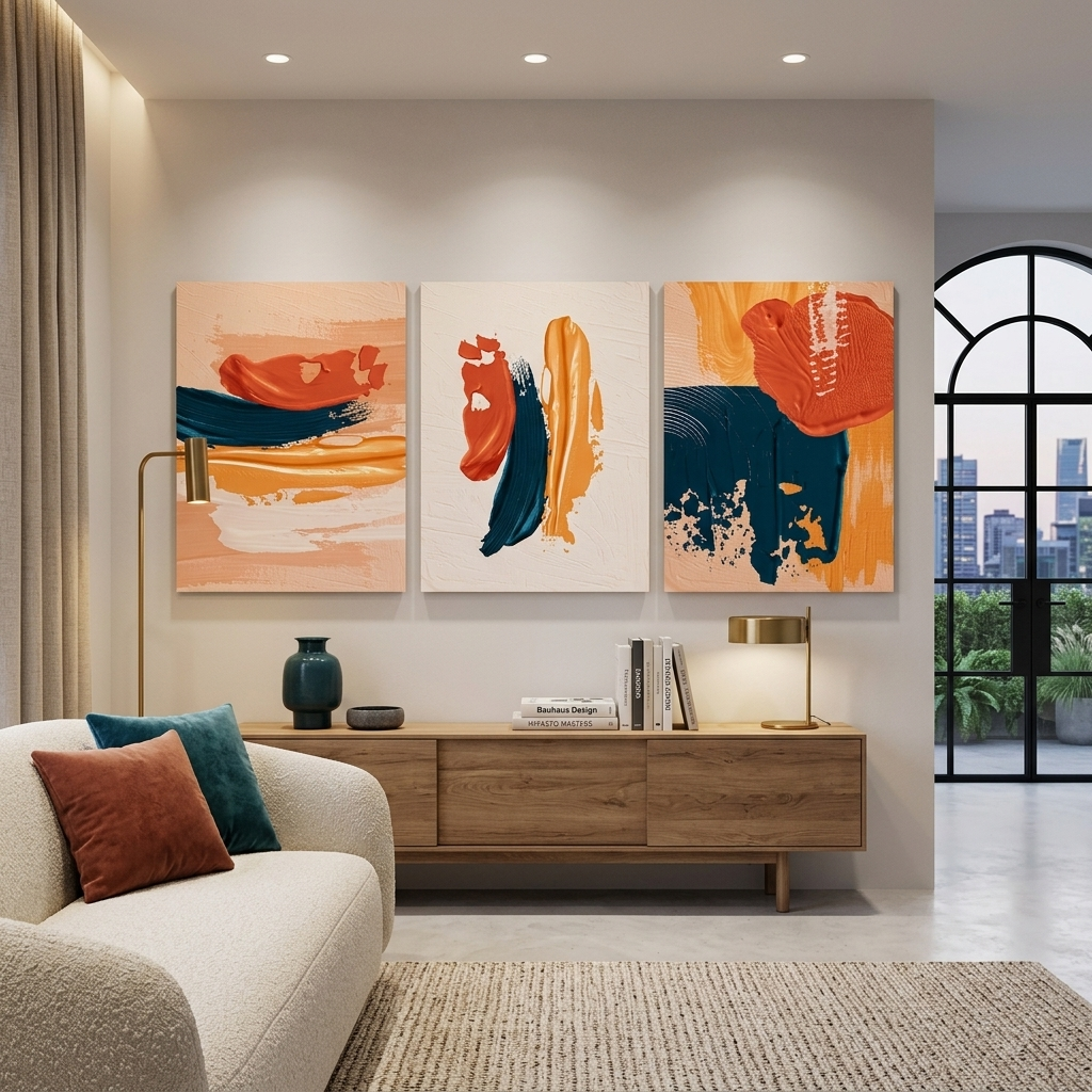 Modularer abstrakter Kunstdruck auf Leinwand, mehrteilig, orange und blau