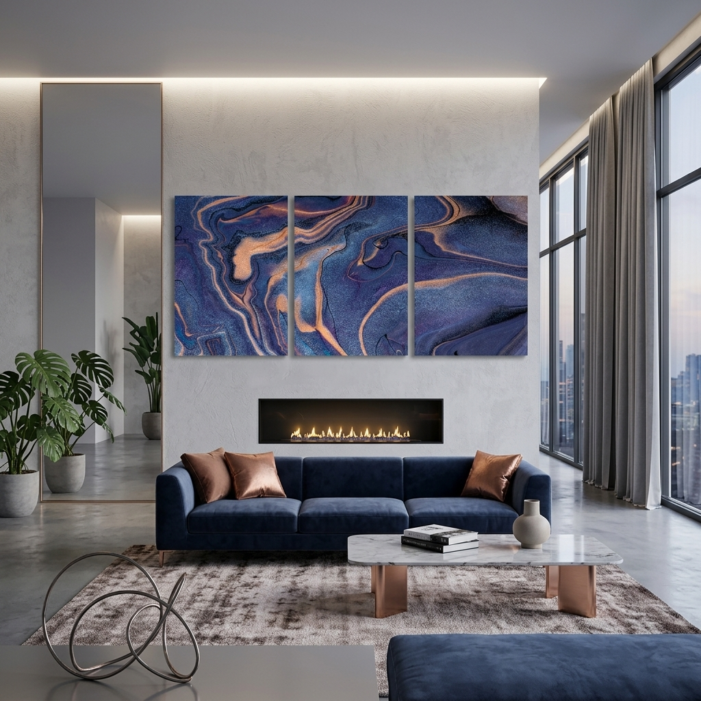 Modularer, abstrakter, puderblauer Kunstdruck auf Leinwand, mehrere Teile
