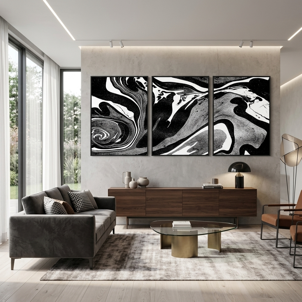 Modularer schwarz-grau-weißer abstrakter mehrteiliger Kunstdruck auf Leinwand