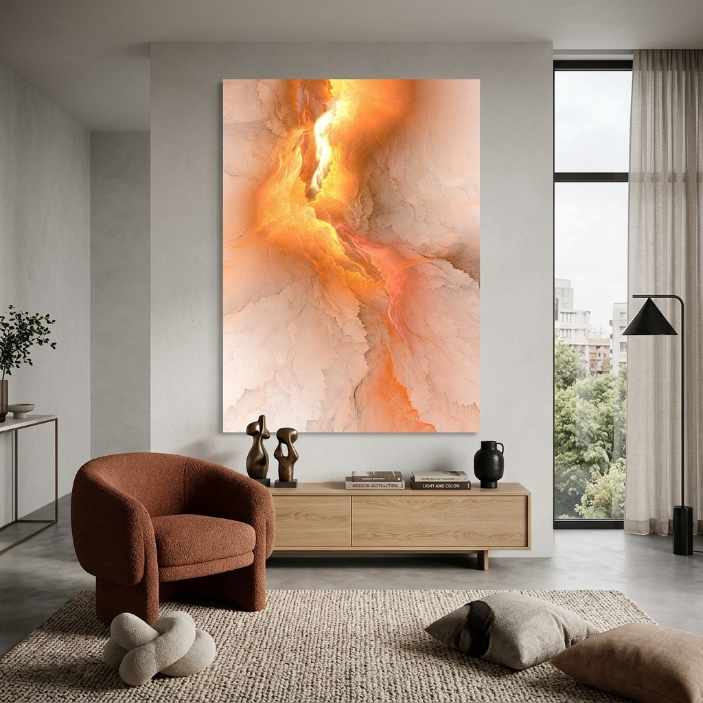 Weißes abstraktes Bild mit einem vertikalen hellgelben Schimmer Abstraktion auf Leinwand, Kunstdruck