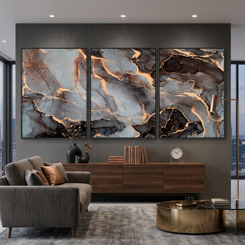 Modularer Kunstdruck auf Leinwand, mehrteilig, grau-gold, Abstraktion