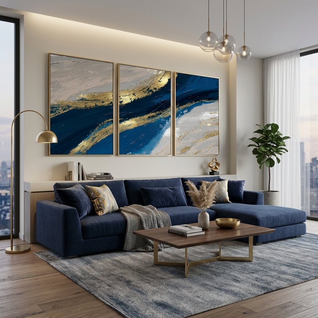 Modularer blau-grauer abstrakter Kunstdruck mit goldenen Elementen, mehrere Teile auf Leinwand