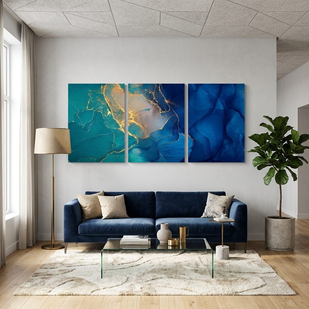 Modularer blau-grüner abstrakter mehrteiliger Kunstdruck auf Leinwand