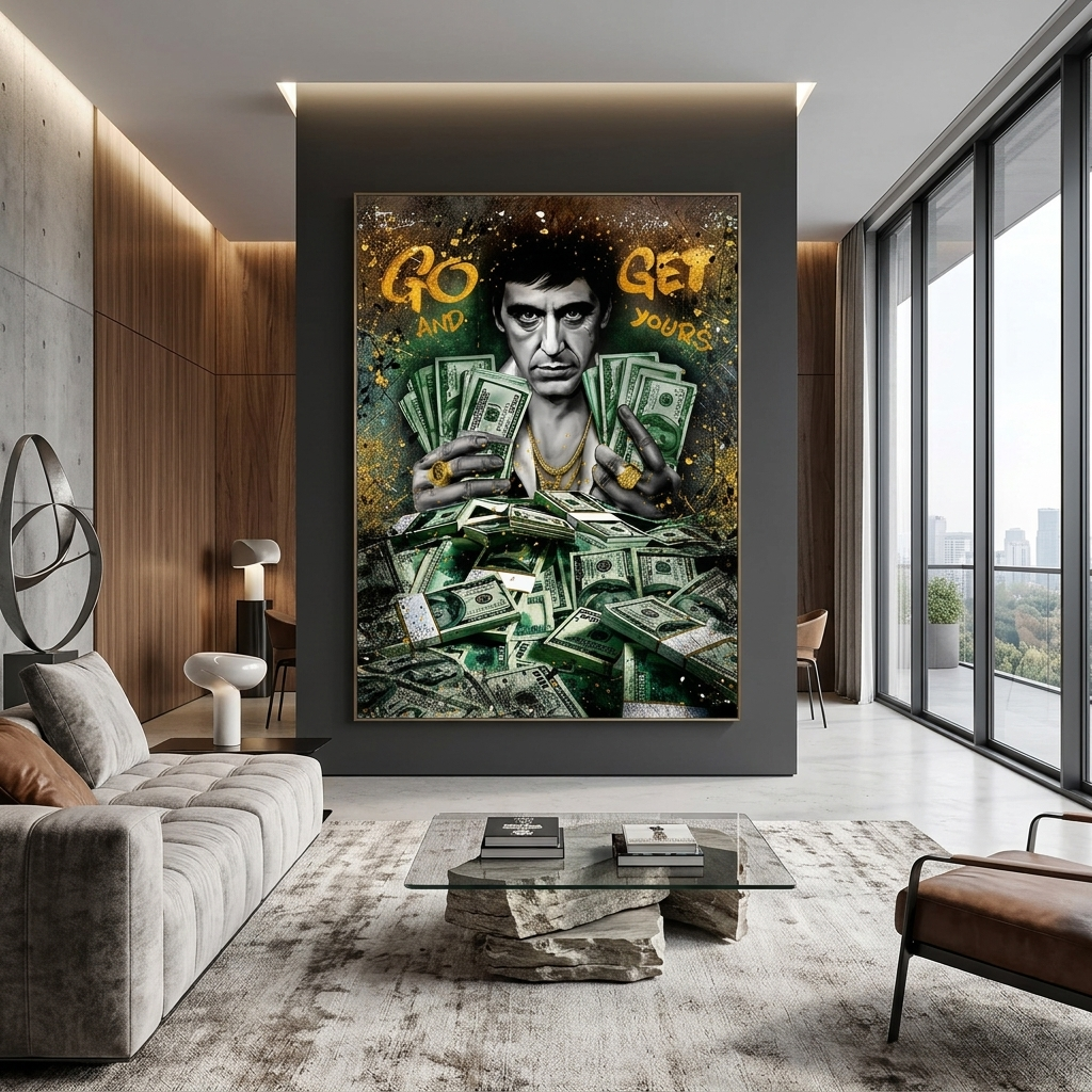 Ein Mann mit Dollars Inspirierender Kunstdruck auf Leinwand