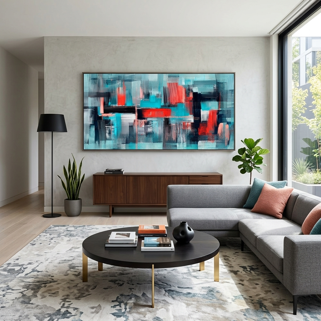 Türkis abstrakt mit roten und schwarzen Details Abstraktion Leinwand Wand Kunstdruck