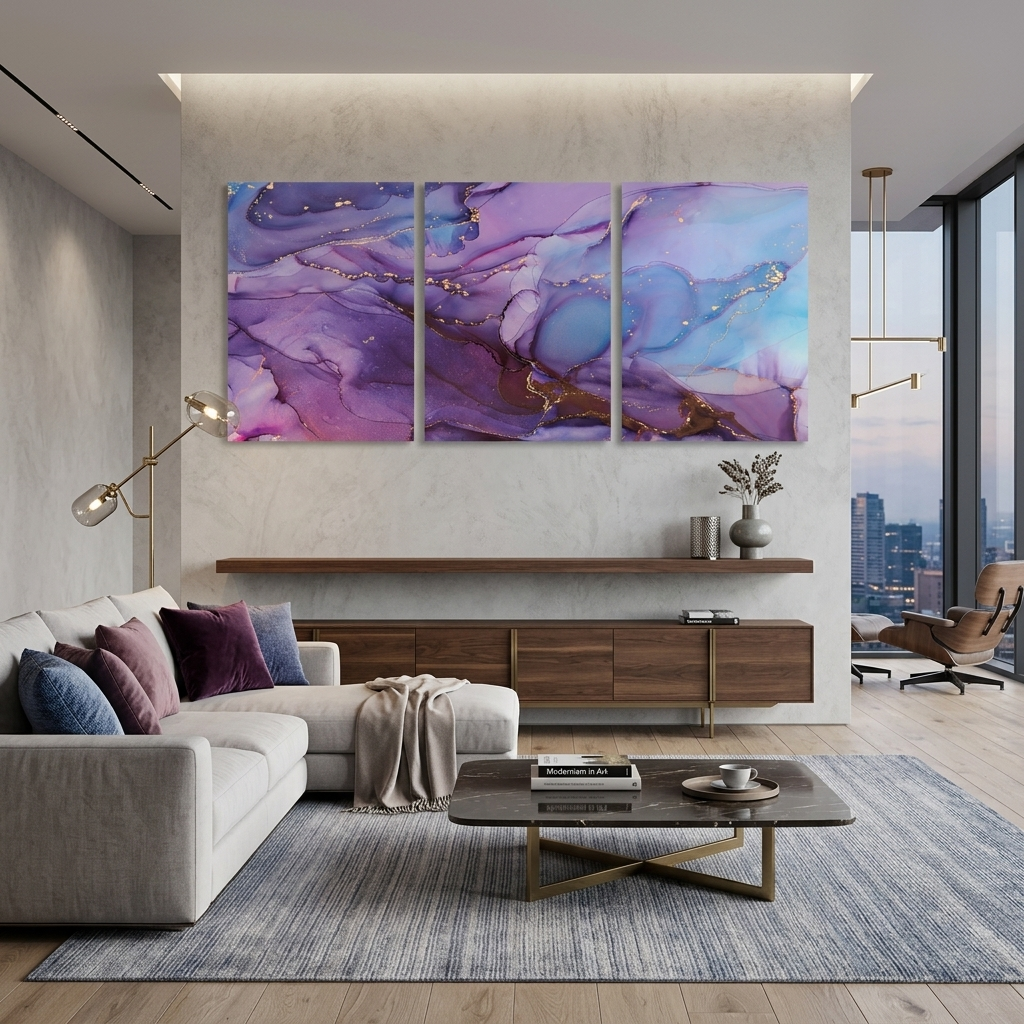 Modularer abstrakter Kunstdruck auf Leinwand, mehrteilig, Rosa und Lila