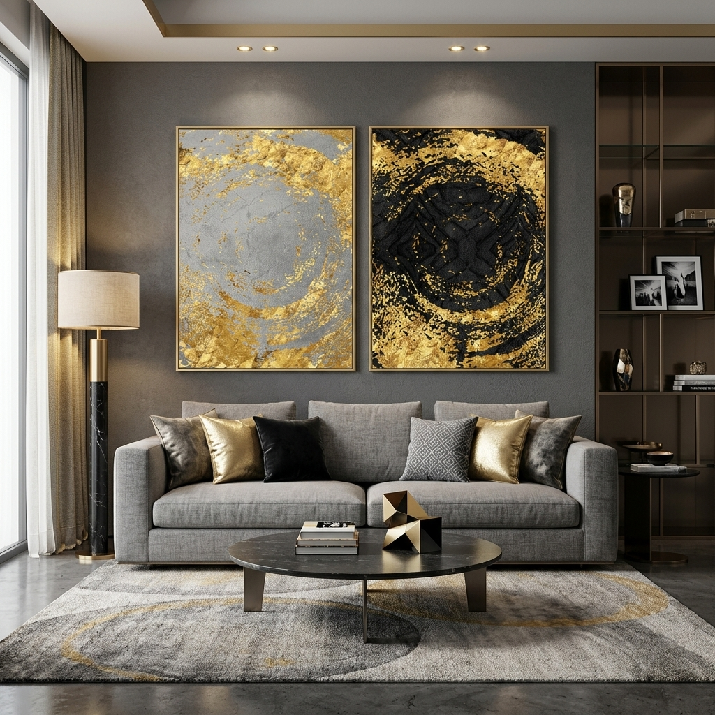 Modularer abstrakter Kunstdruck auf mehrteiliger Leinwand in Schwarz, Gold und Grau