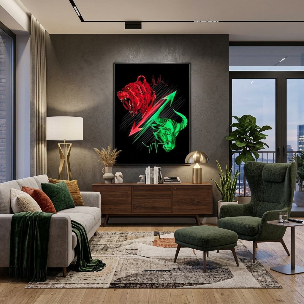 Bulle und Bär, Bitcoin-Kryptowährung und Handel, inspirierender Kunstdruck auf Leinwand