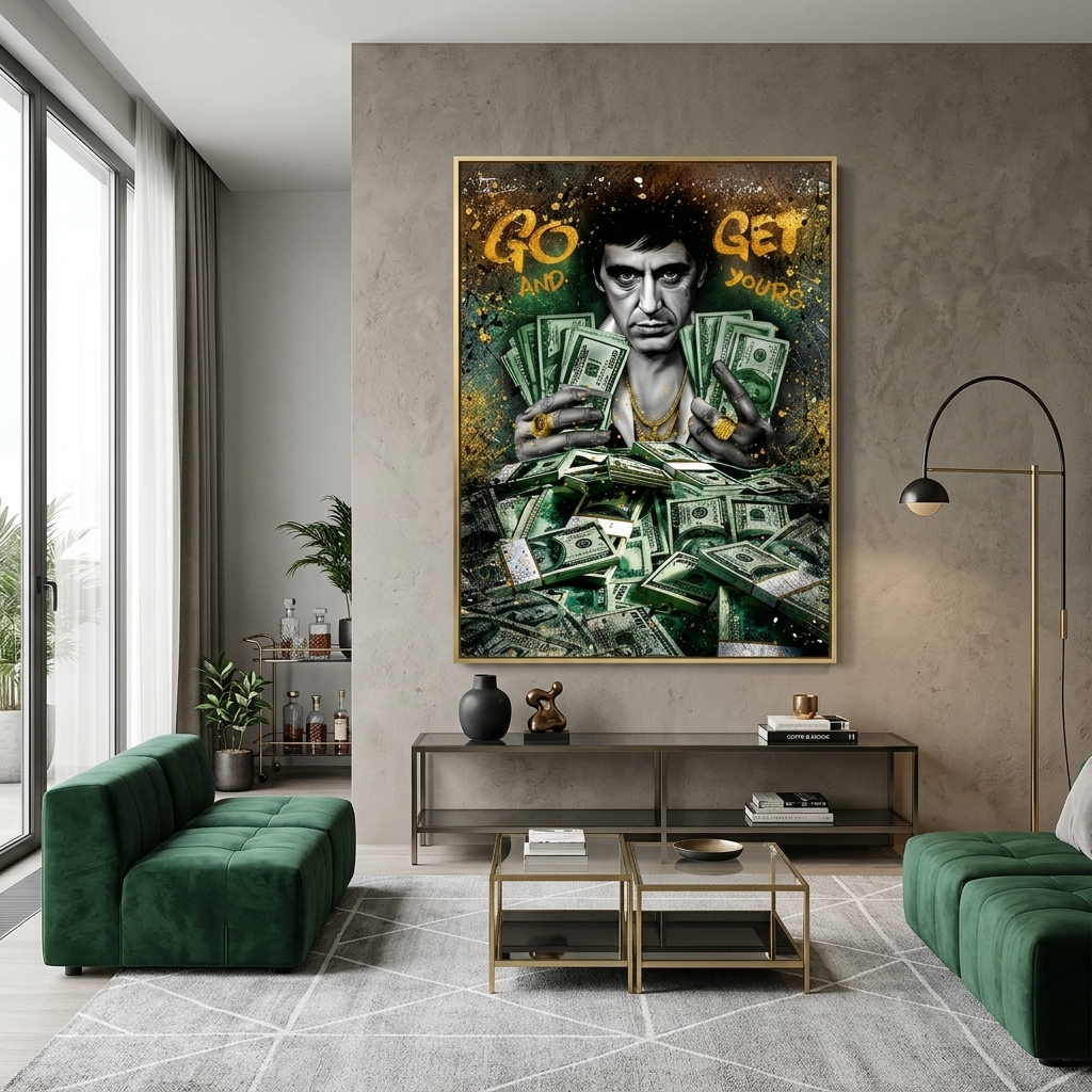 Ein Mann mit Dollars Inspirierender Kunstdruck auf Leinwand