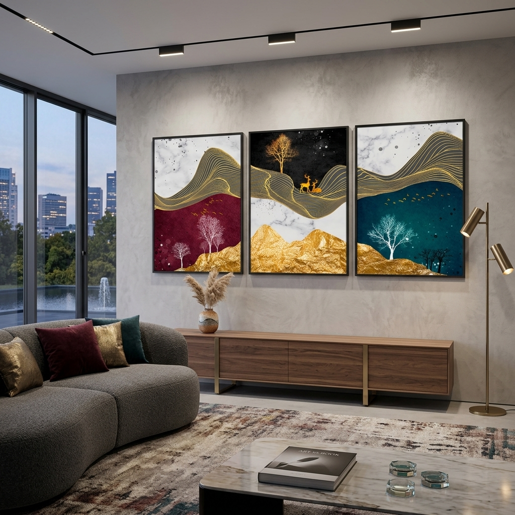 Modularer Kunstdruck auf Leinwand in mehreren Teilen in Burgunder-Grüntönen