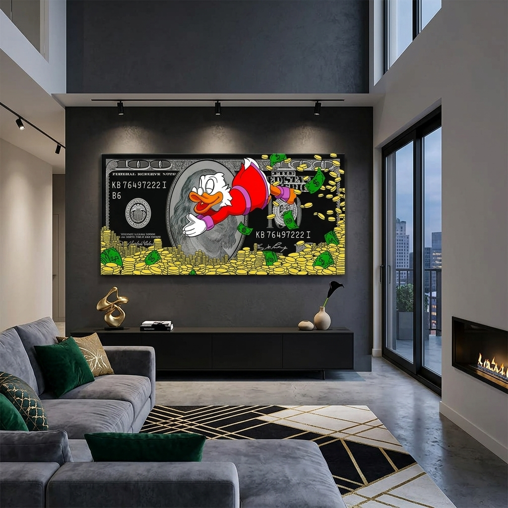Skrooge taucht in den Gelddollar ein. Inspirierender Kunstdruck auf Leinwand.