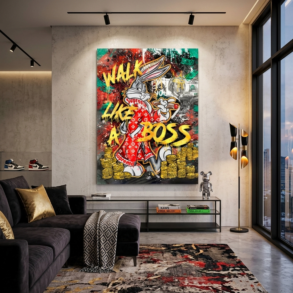 Kunstdruck auf Leinwand, Motiv: Hase mit Zigarre vor einem Hintergrund aus Dollar- und Goldmünzen