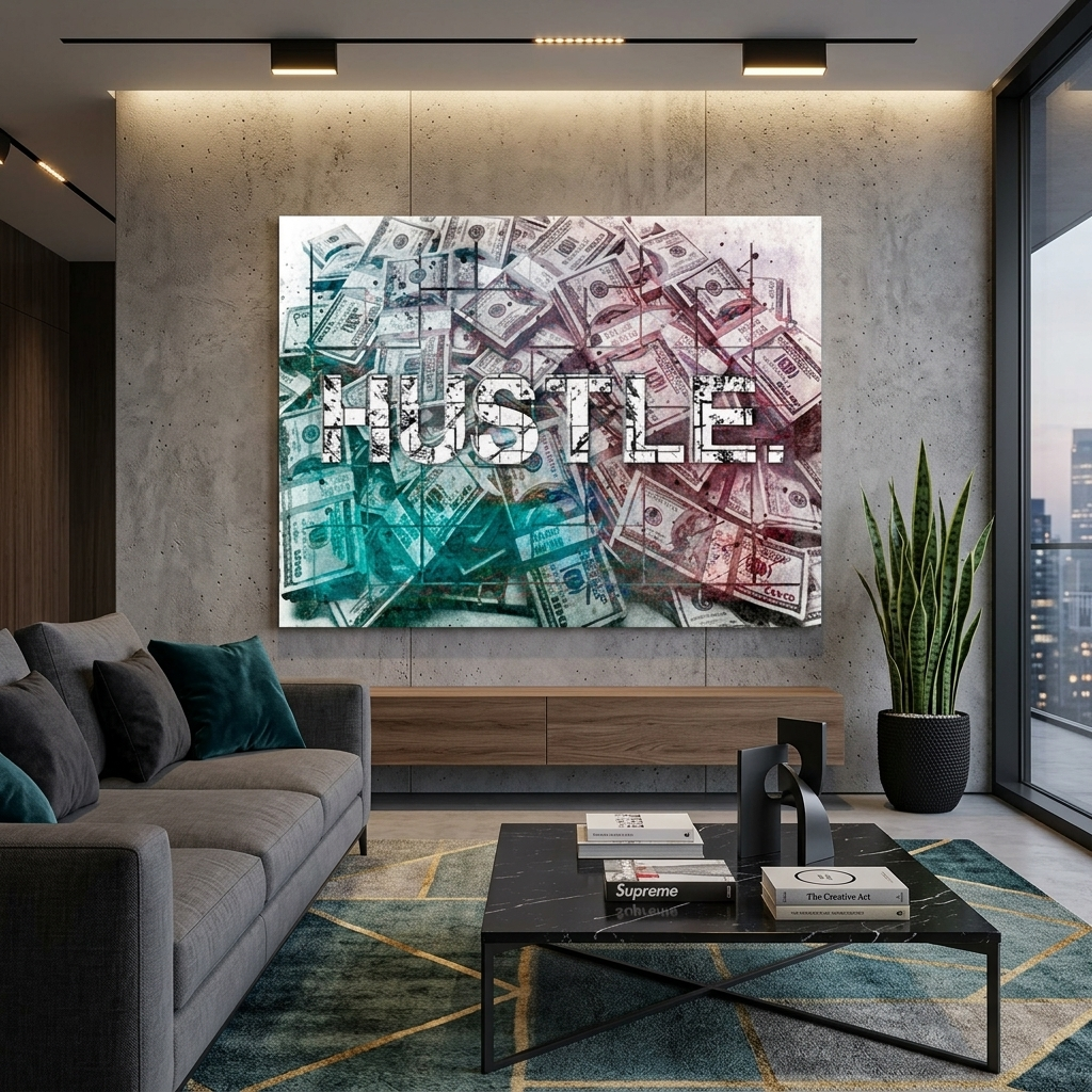 „HASTLE“ vor dem Hintergrund von Dollars. Inspirierender Kunstdruck auf Leinwand.