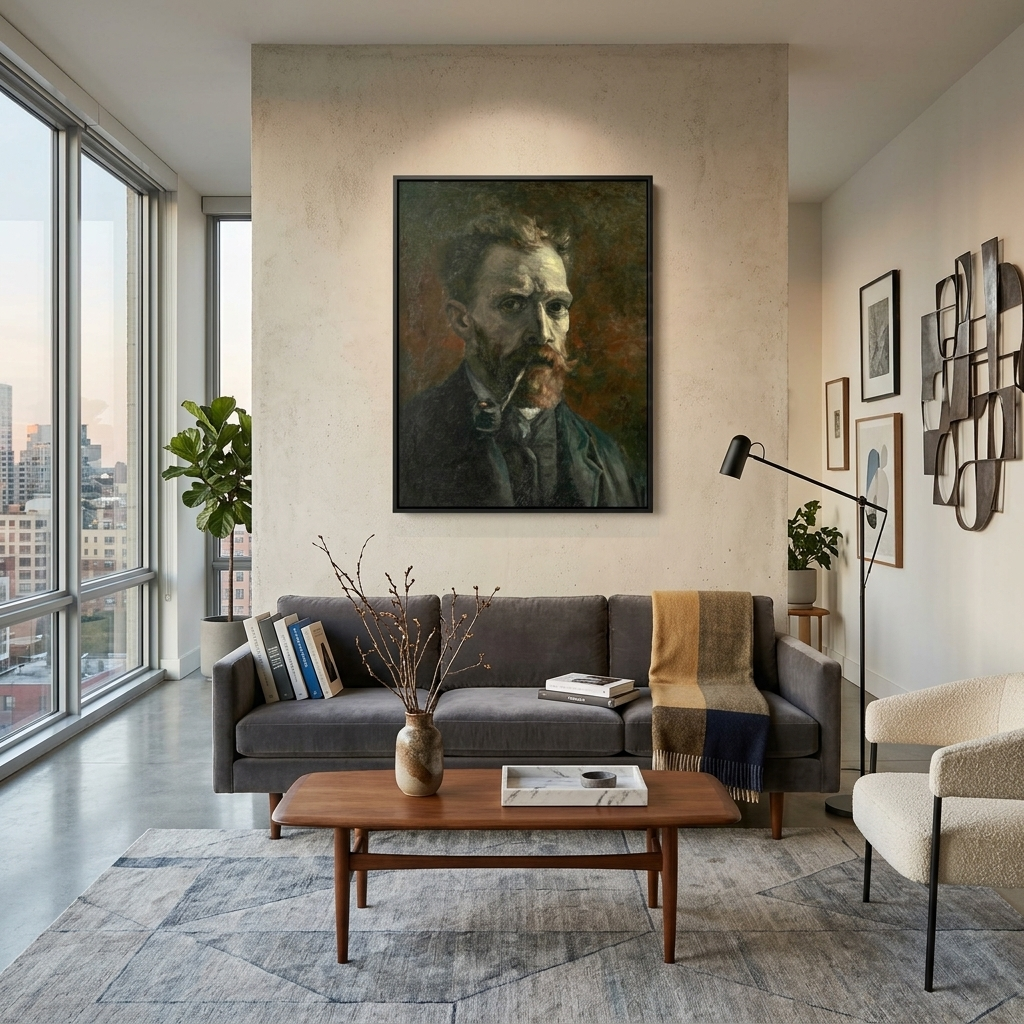 Reproduktion „Selbstporträt mit Pfeife“ von Vincent van Gogh, Reproduktion auf Leinwand, Kunstdruck