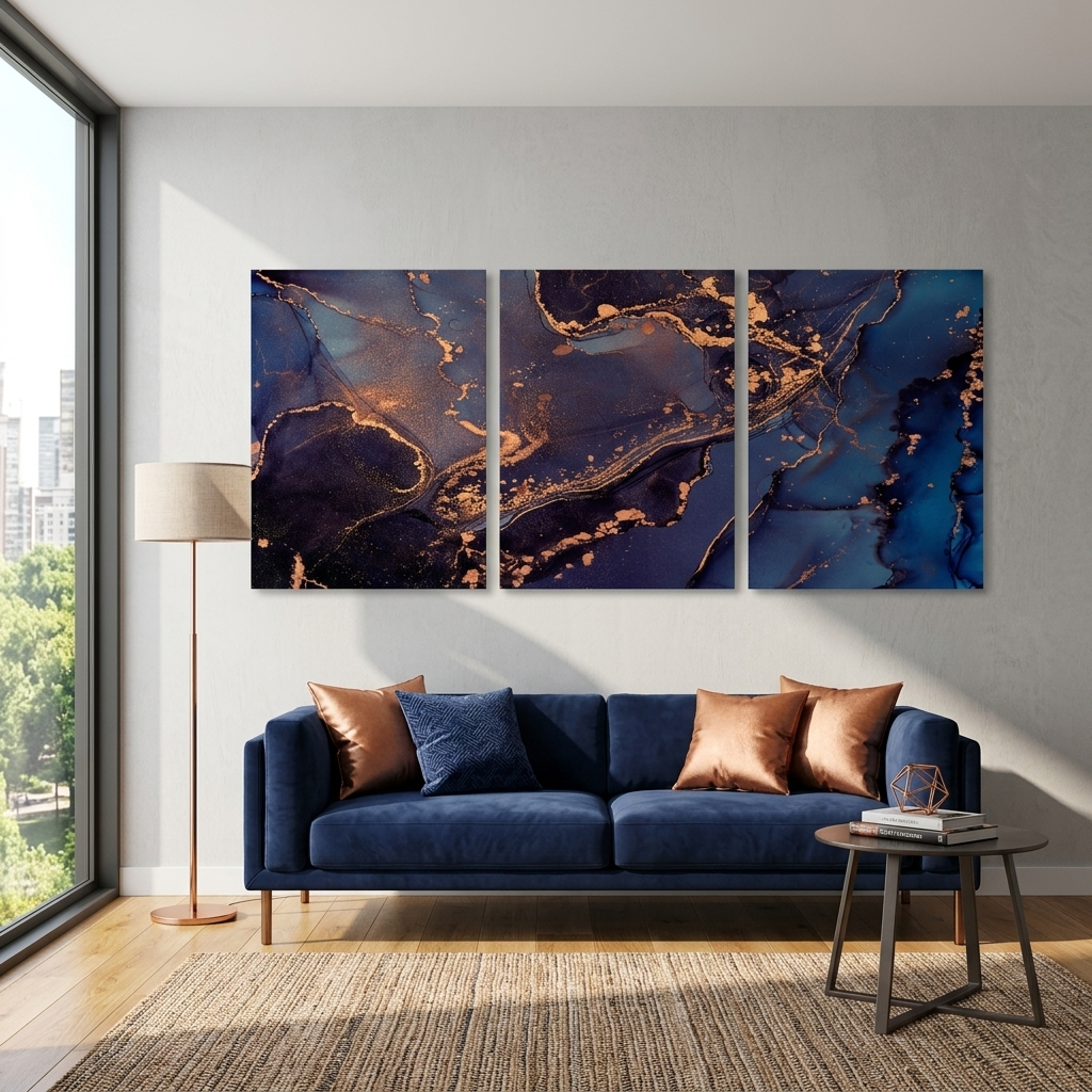 Modularer abstrakter Kunstdruck in Lila und Blau mit goldenen Elementen, mehrere Teile auf Leinwand