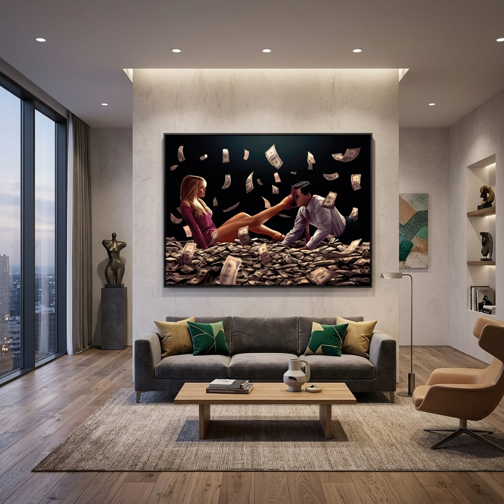 Blondie und Leonardo DiCaprio in einem Dollarhaufen – inspirierender Kunstdruck auf Leinwand