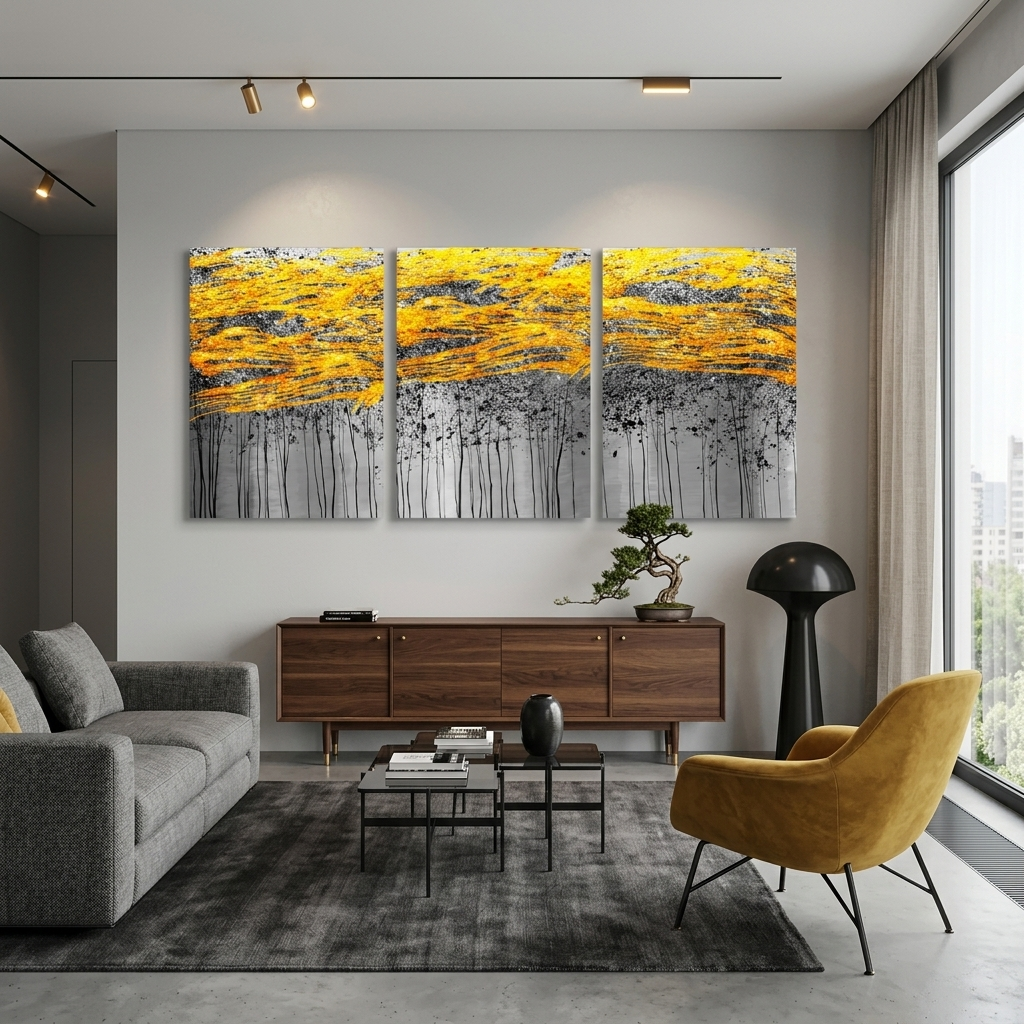 Modularer Kunstdruck auf Leinwand, abstraktes Gold mit Grautönen, mehrere Teile