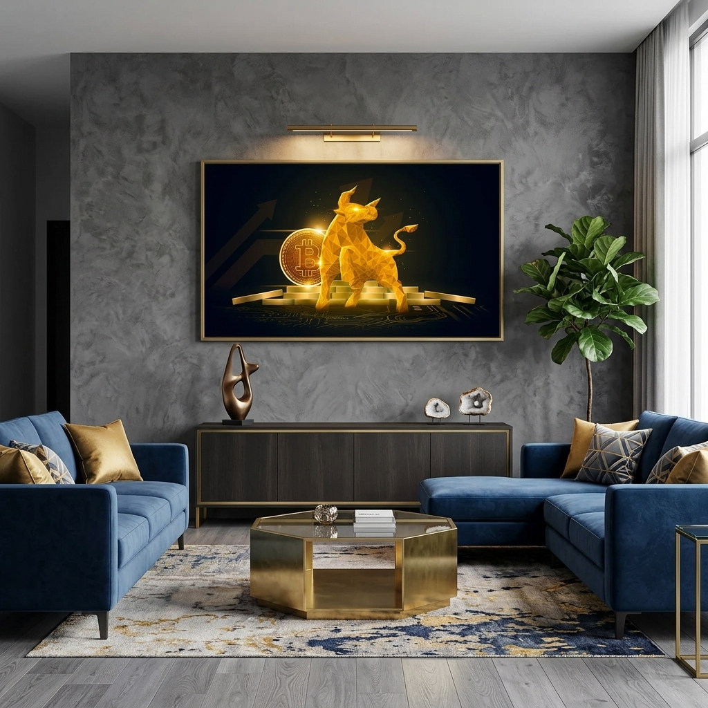 Bitcoin Goldmünze und Goldbarren Inspirierender Leinwand-Kunstdruck