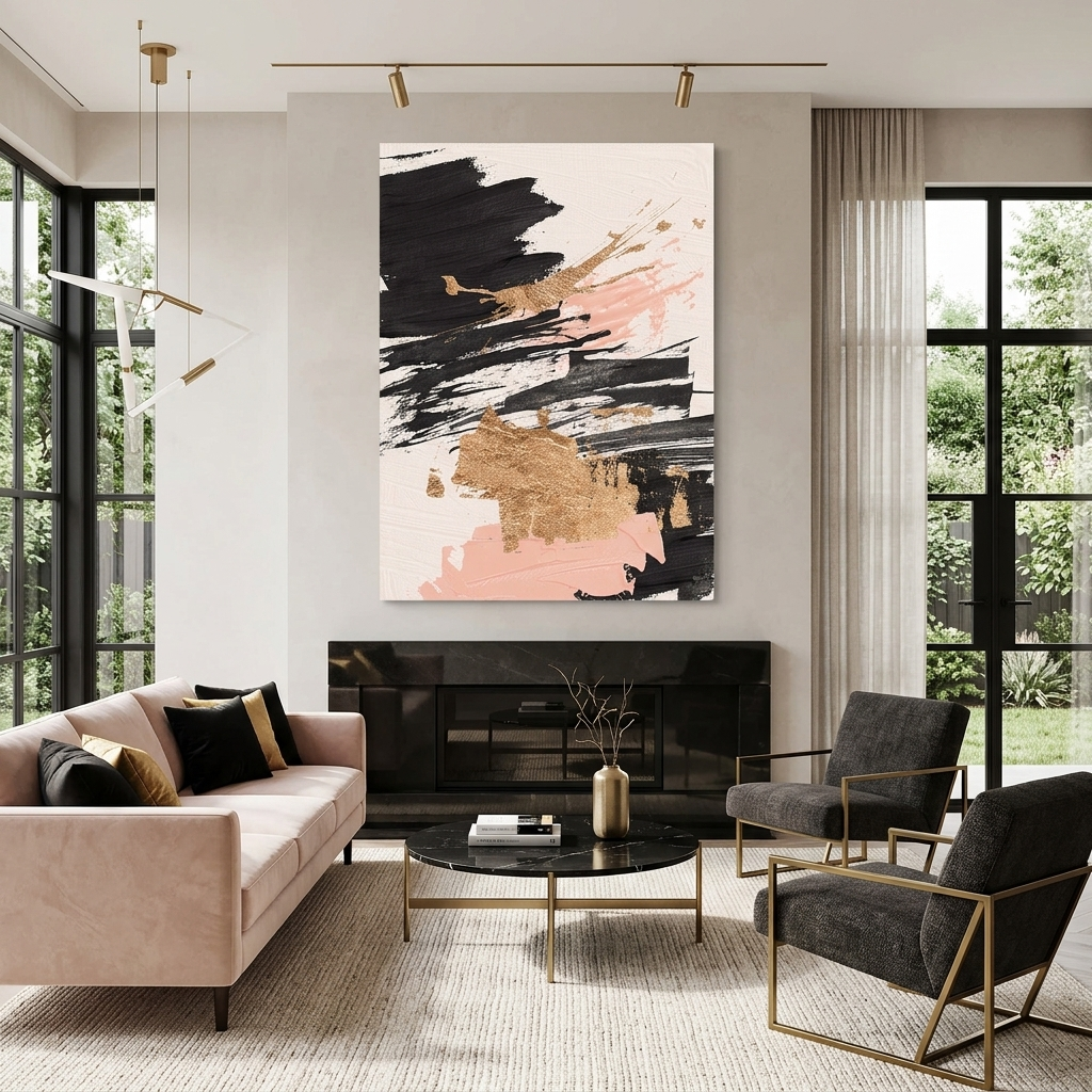Striche in Schwarz- und Rosatönen mit GoldAbstraktion Leinwand Wand Kunstdruck