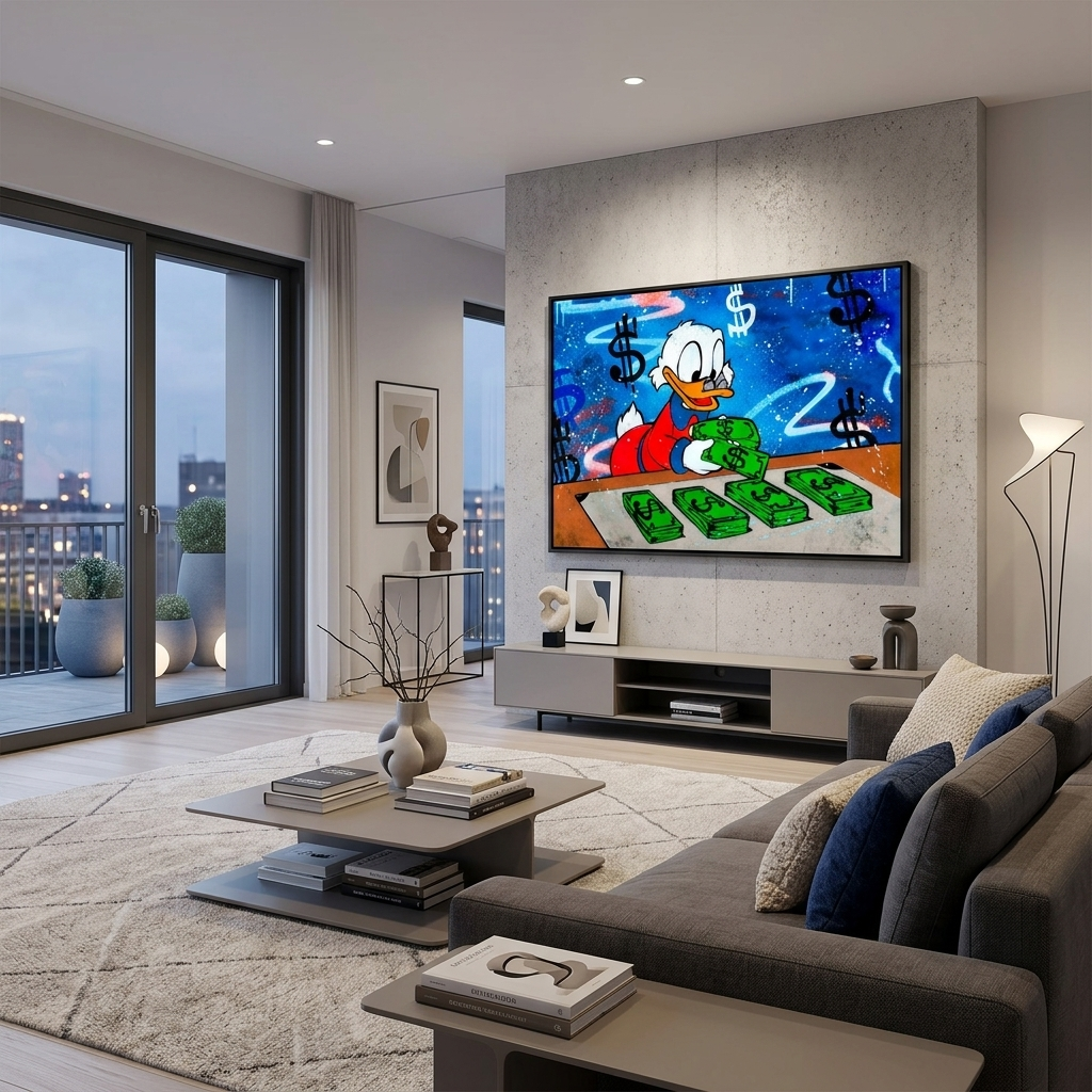 Inspirierender Kunstdruck auf Leinwand, Motiv „Scrooge zählt Dollar“,