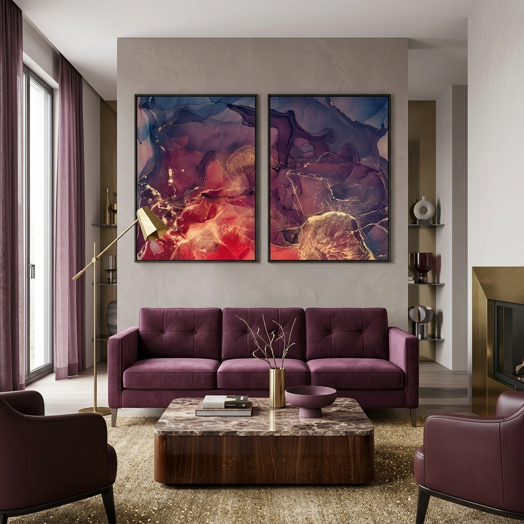 Modularer Kunstdruck auf Leinwand, mehrteilig, Rot, Abstrakt mit dunkelvioletten Farbtönen