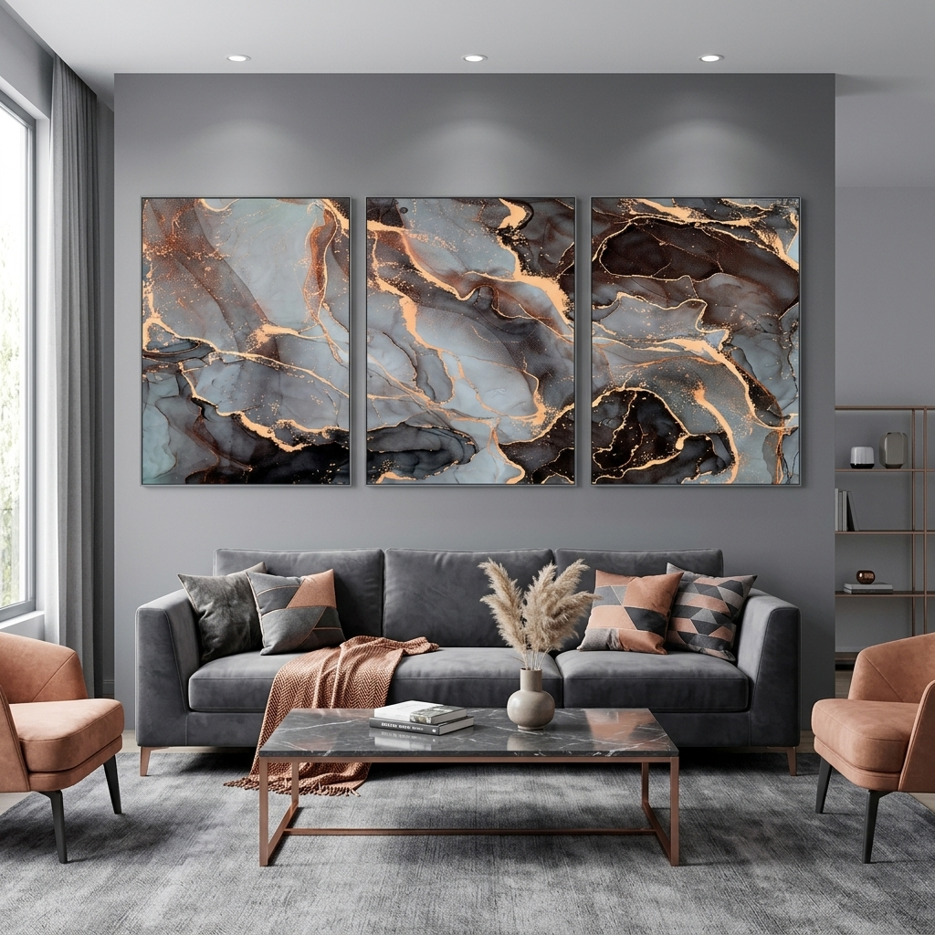 Modularer Kunstdruck auf Leinwand, mehrteilig, grau-gold, Abstraktion