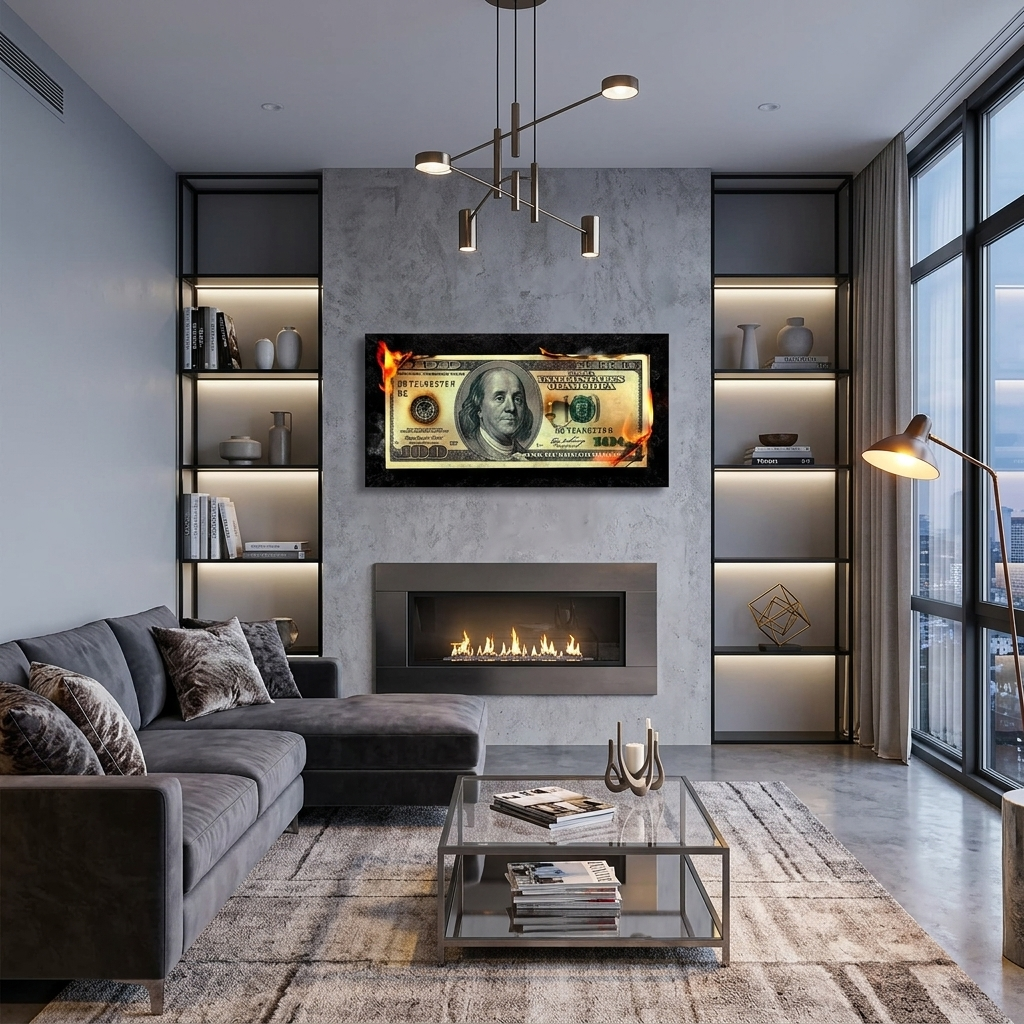 Brennendes Geld 100 Dollar inspirierender Kunstdruck auf Leinwand