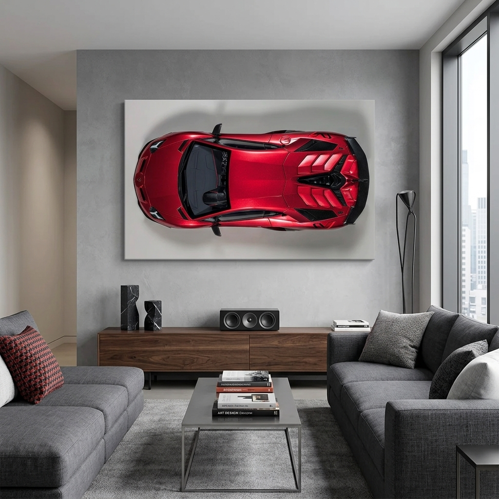 Das Auto ist ein kirschroter Lamborghini-Kunstdruck auf Leinwand.