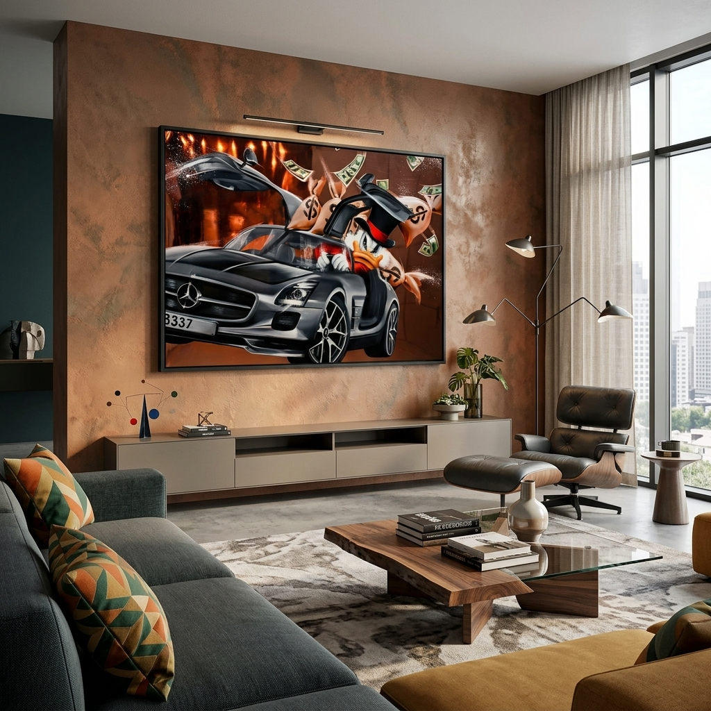 Inspirierender Kunstdruck auf Leinwand, Motiv „Scrooge Mercedes“
