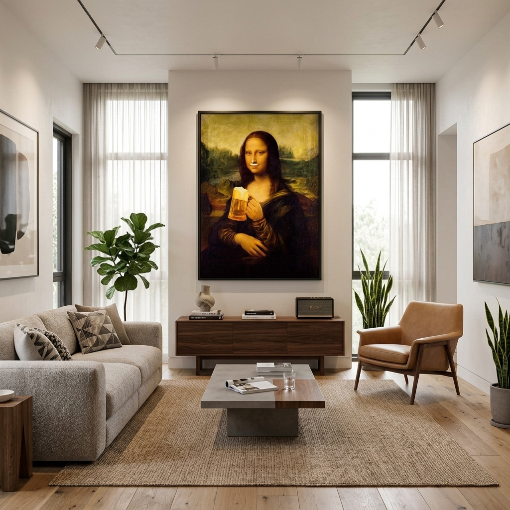 Mona Lisa with beer Canvas Wall Art Print