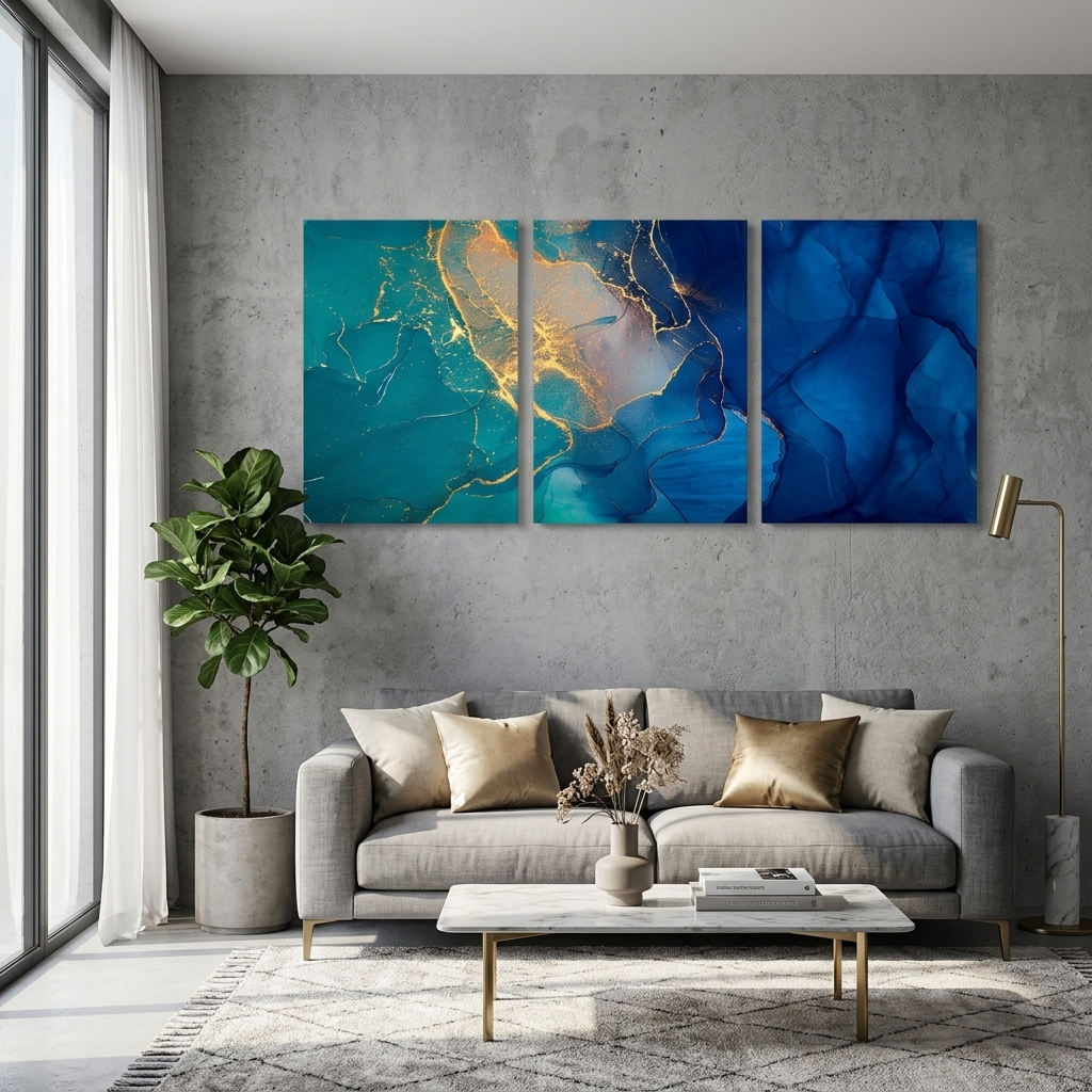 Modularer blau-grüner abstrakter mehrteiliger Kunstdruck auf Leinwand
