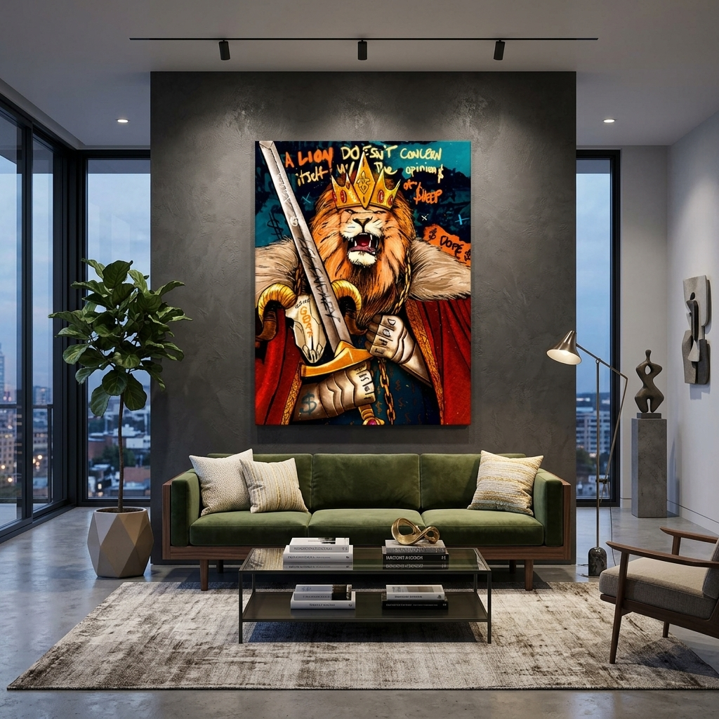 Ein Löwenmensch mit einer Krone und einem Schwert in seinen Händen. Motivierender Kunstdruck auf Leinwand.