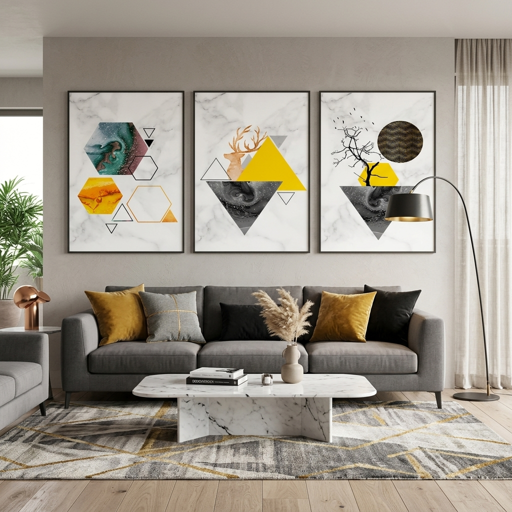 Modularer Kunstdruck auf Leinwand, geometrische Abstraktion, mehrere Teile, Gelb und Grau