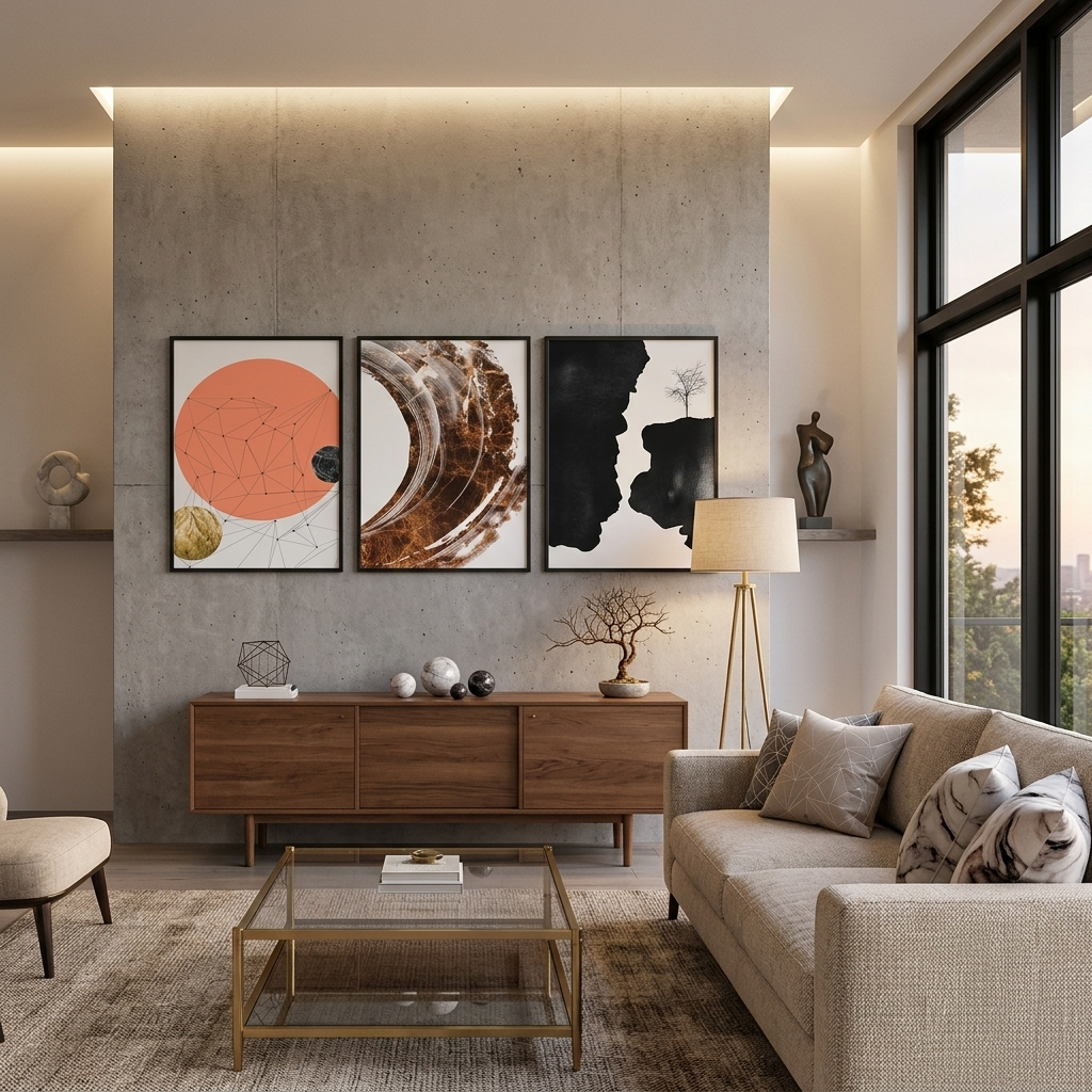 Modularer abstrakter Kunstdruck auf Leinwand, mehrteilig, Braun und Schwarz mit Orangetönen