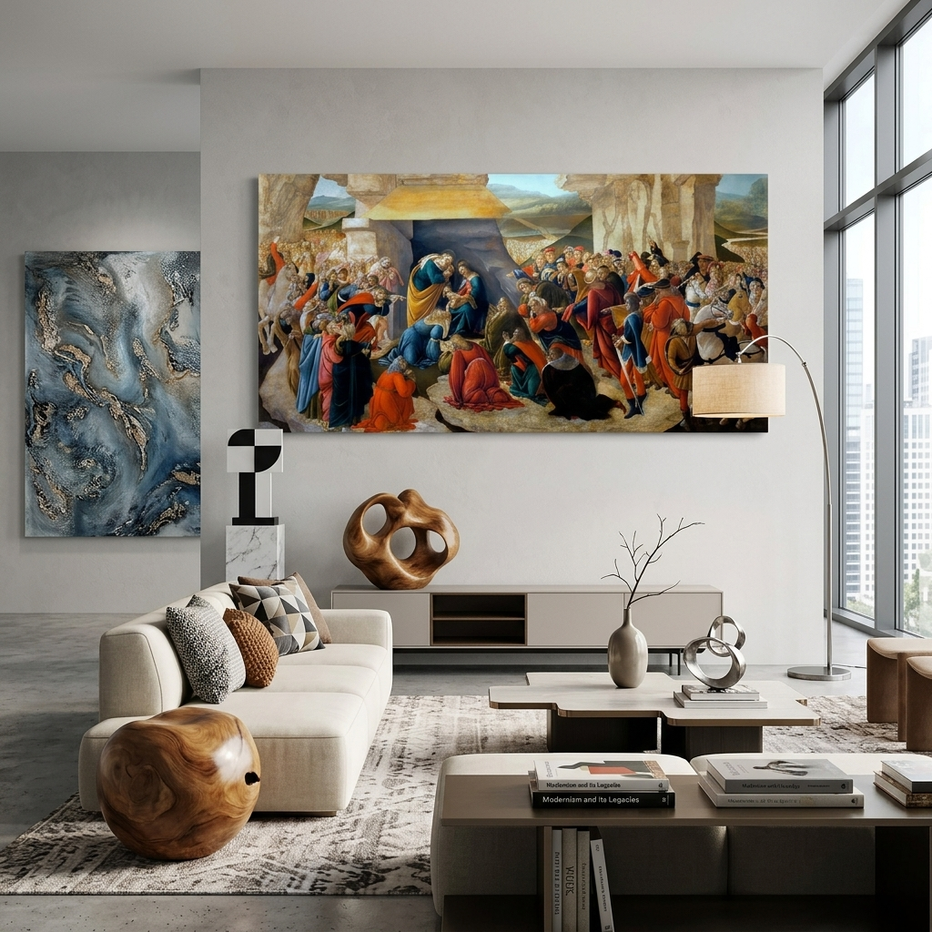 Reproduktion von Botticellis Anbetung der Heiligen Drei Könige, Reproduktion, Kunstdruck auf Leinwand