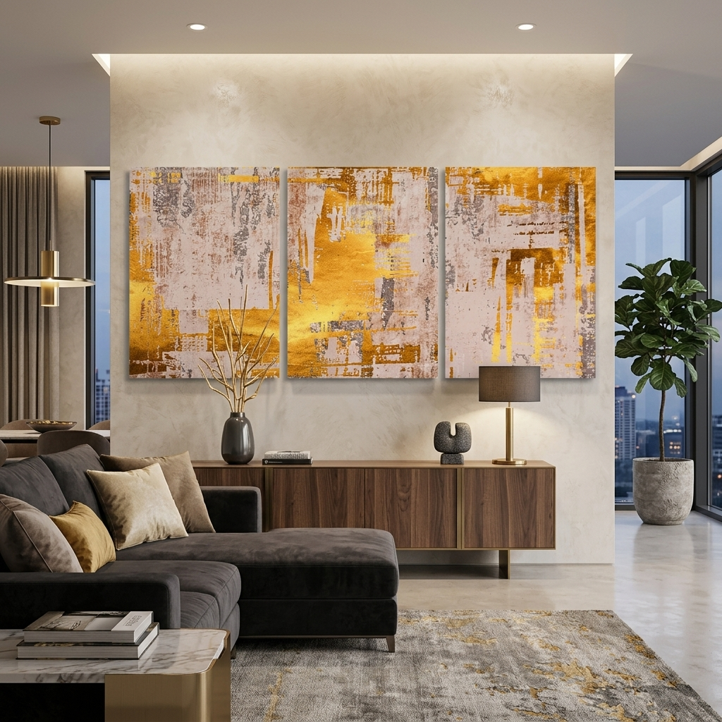Modulare Abstraktion in Beige- und Goldtönen, mehrteiliger Kunstdruck auf Leinwand