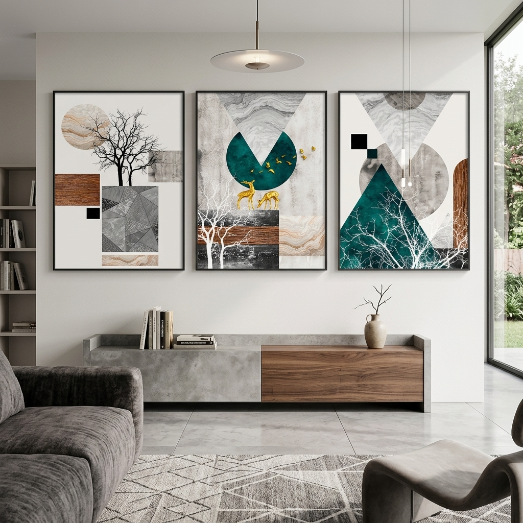 Modularer abstrakter geometrischer Formen mit Tieren und Bäumen, mehrteiliger Kunstdruck auf Leinwand