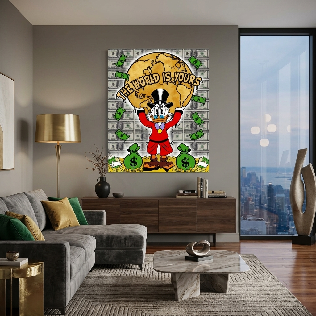 Dagobert hält den Planeten hoch und steht auf Goldmünzen mit der Aufschrift „DIE WELT GEHÖRT DIR.“ Inspirierender Kunstdruck auf Leinwand
