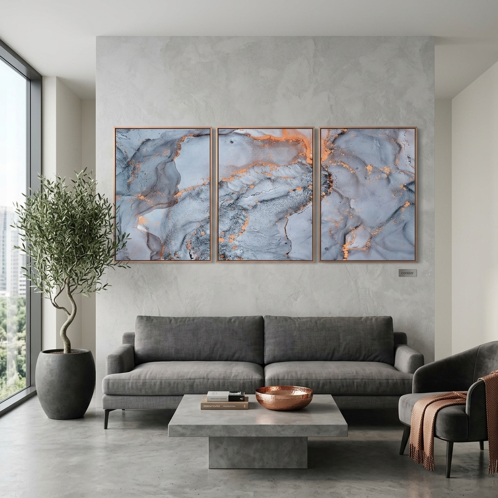 Modularer abstrakter mehrteiliger Kunstdruck auf Leinwand in Grau-Pulver