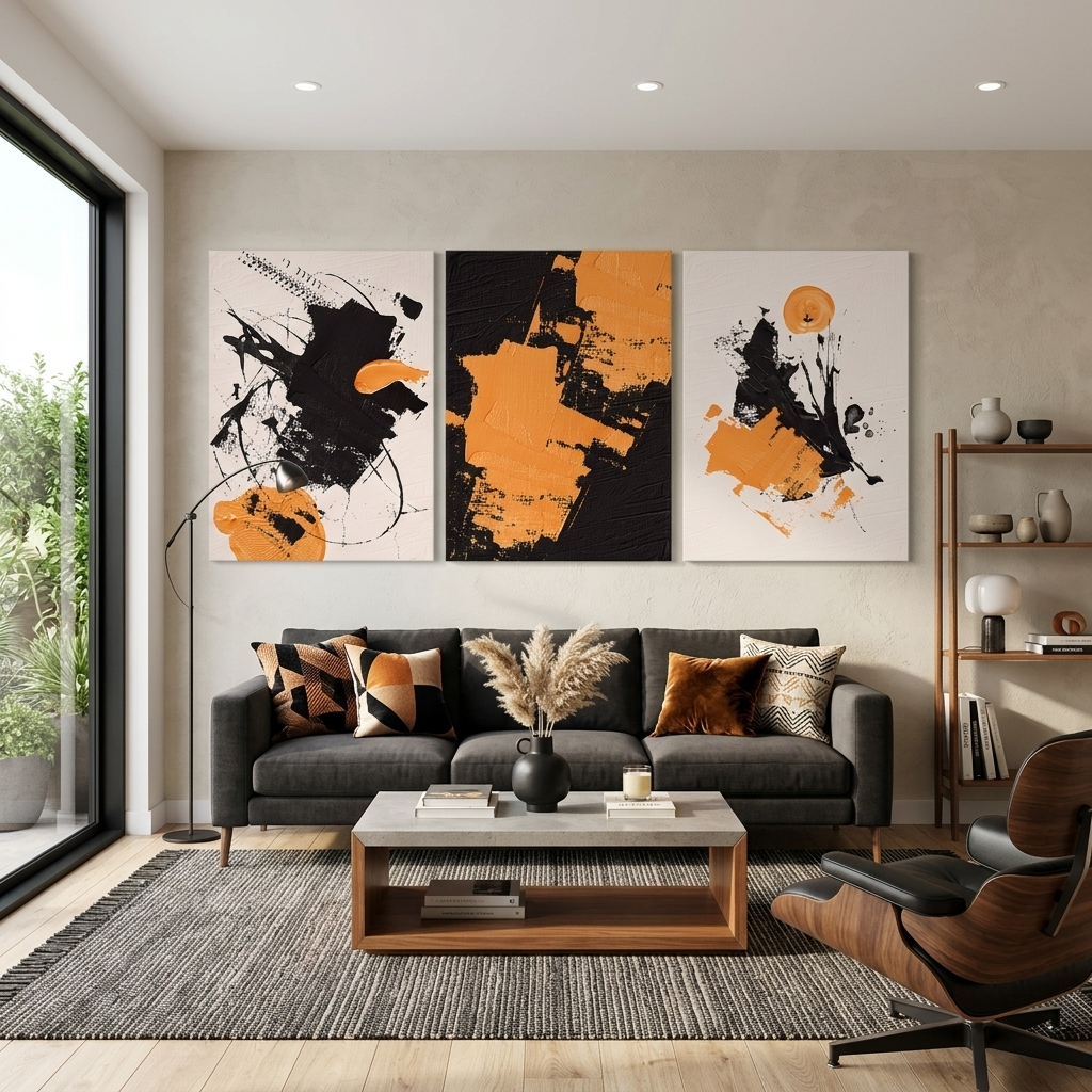 Modularer abstrakter Kunstdruck auf Leinwand, mehrteilig, Schwarz und Gelb