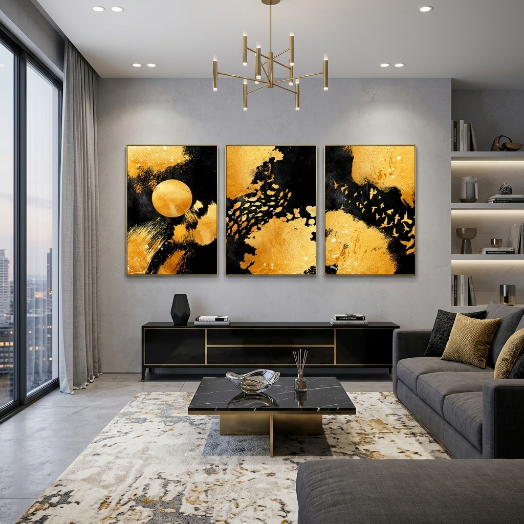 Modularer abstrakter Kunstdruck auf mehrteiliger Leinwand in Schwarz- und Goldfarben