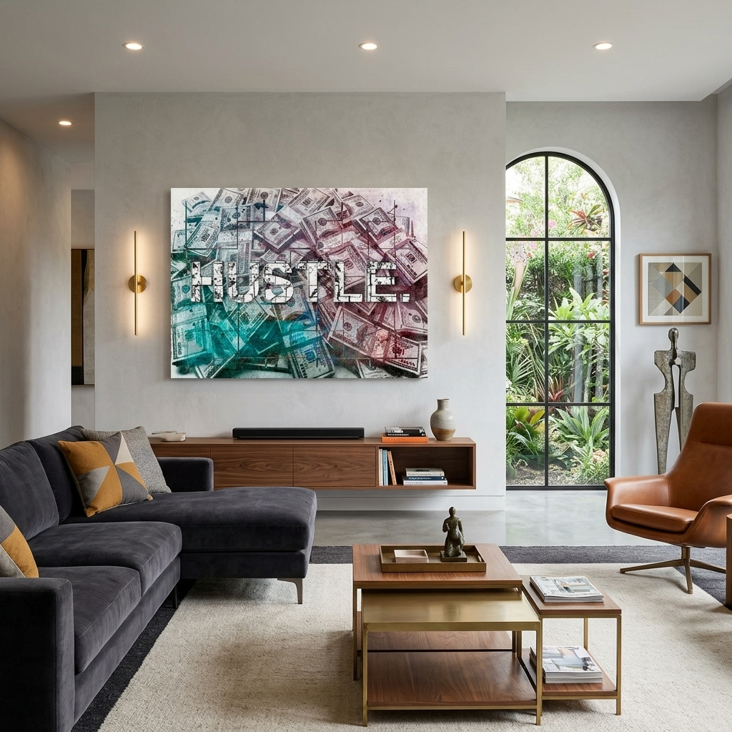 „HASTLE“ vor dem Hintergrund von Dollars. Inspirierender Kunstdruck auf Leinwand.