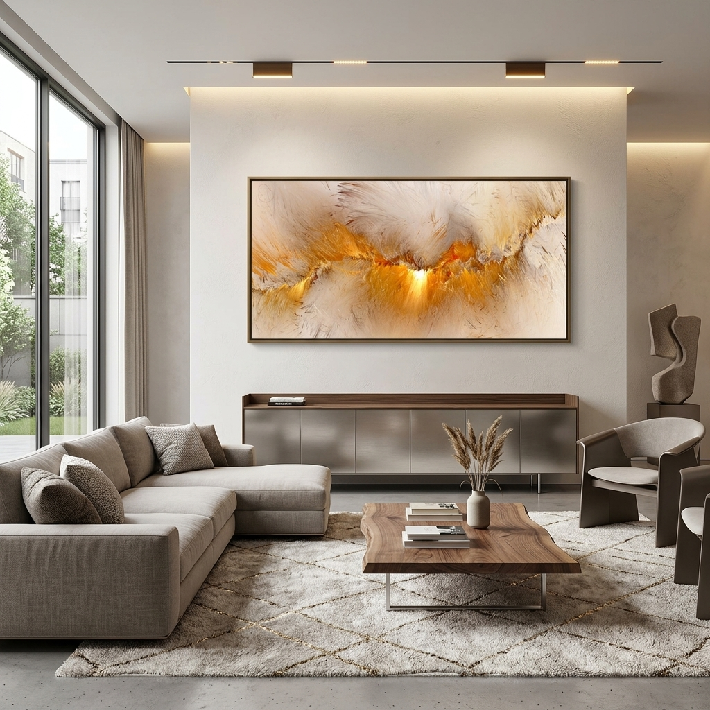 Weißes abstraktes Bild mit leuchtend gelbem Schimmer Abstraktion auf Leinwand, Kunstdruck
