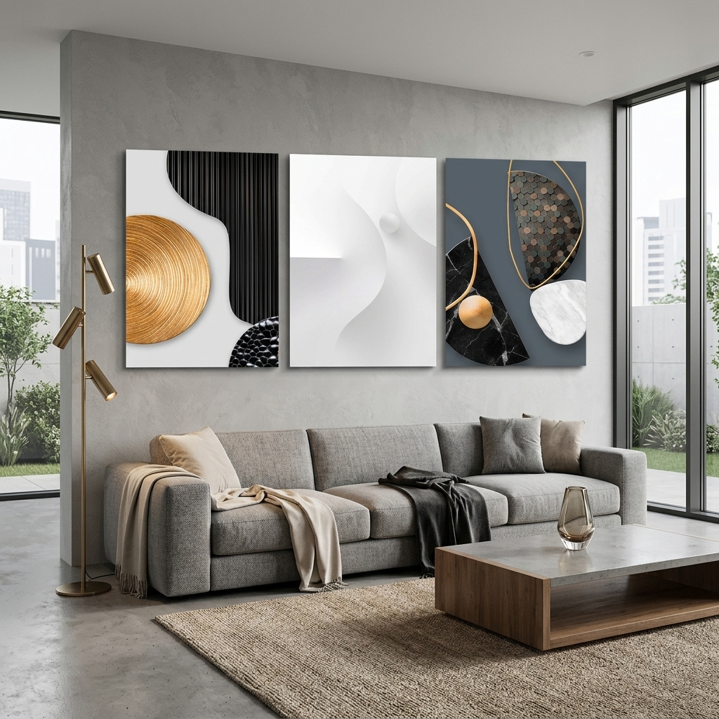 Modularer Kunstdruck auf Leinwand, graue Figuren mit Schwarz- und Goldtönen, mehrere Teile