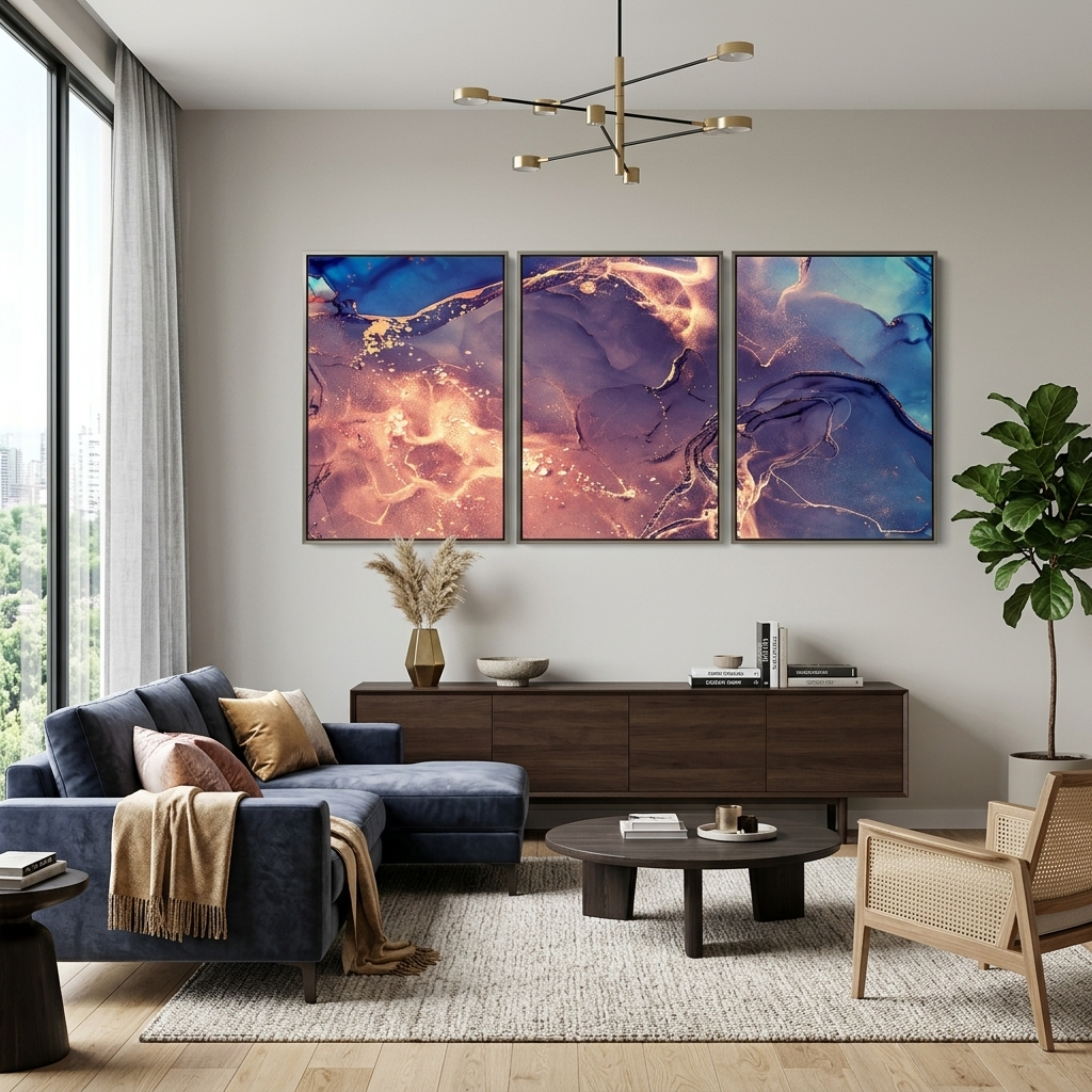 Modularer, abstrakter, puderblauer Kunstdruck auf Leinwand, mehrere Teile