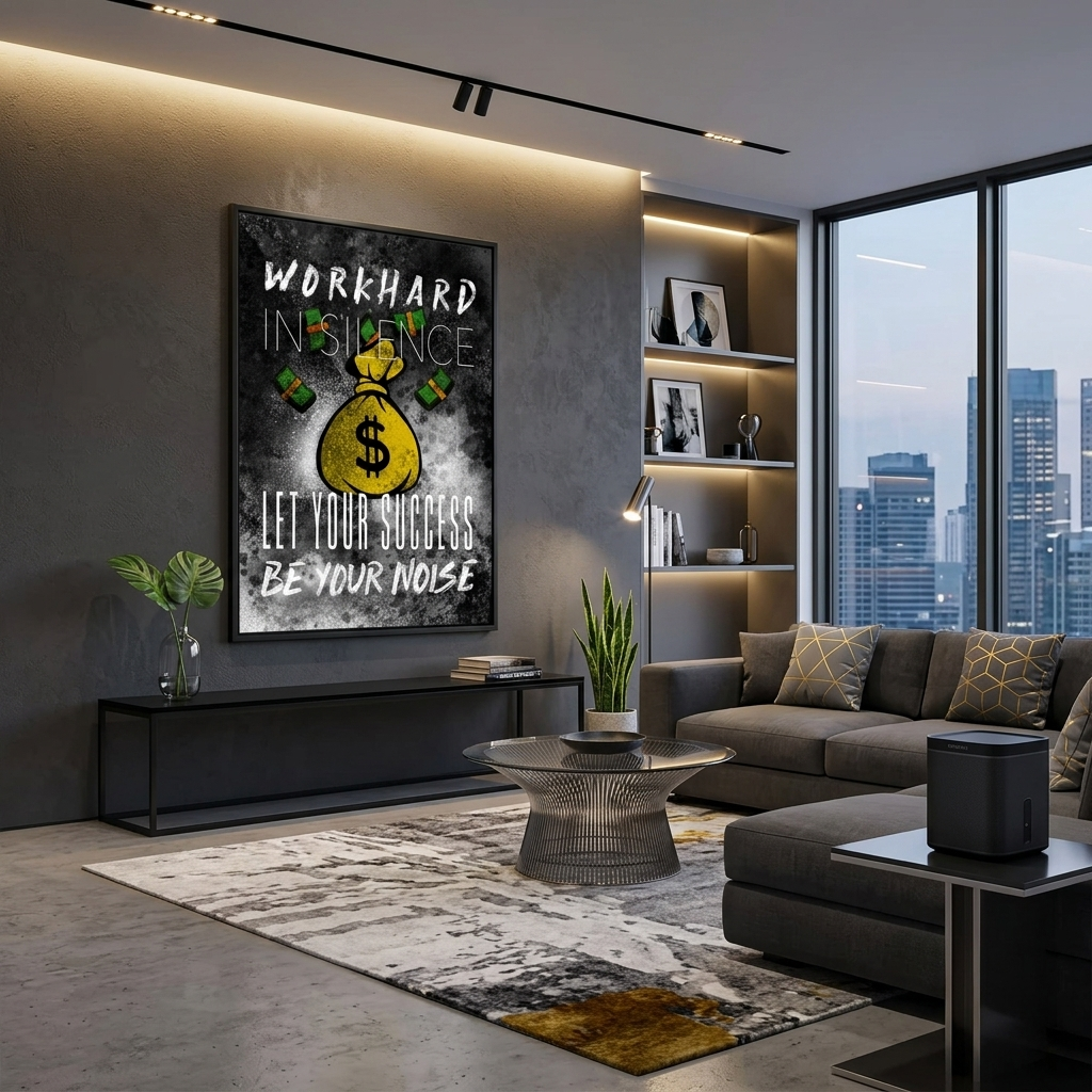 Zur Motivation Tasche mit Geld Arbeite hart in der Stille Motivierender Leinwand-Kunstdruck