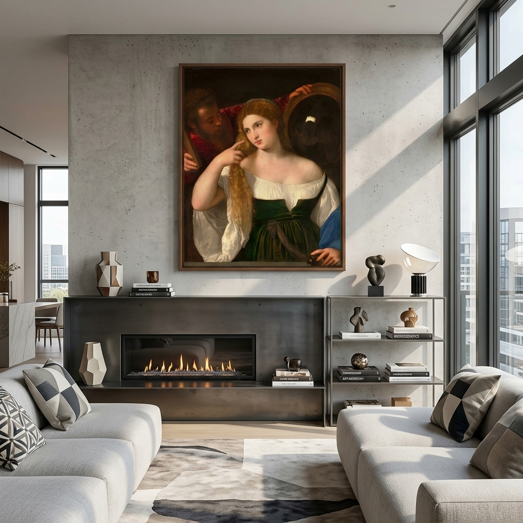 Reproduktion „Frau vor dem Spiegel“, Reproduktion von Tizian auf Leinwand, Kunstdruck