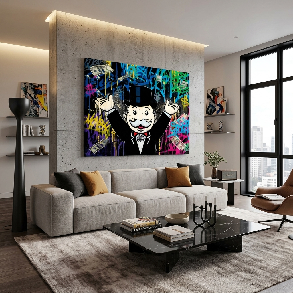 Kunstdruck auf Leinwand mit dem Motiv „Alec Monopoly“ im Hintergrund des Geld-Graffiti
