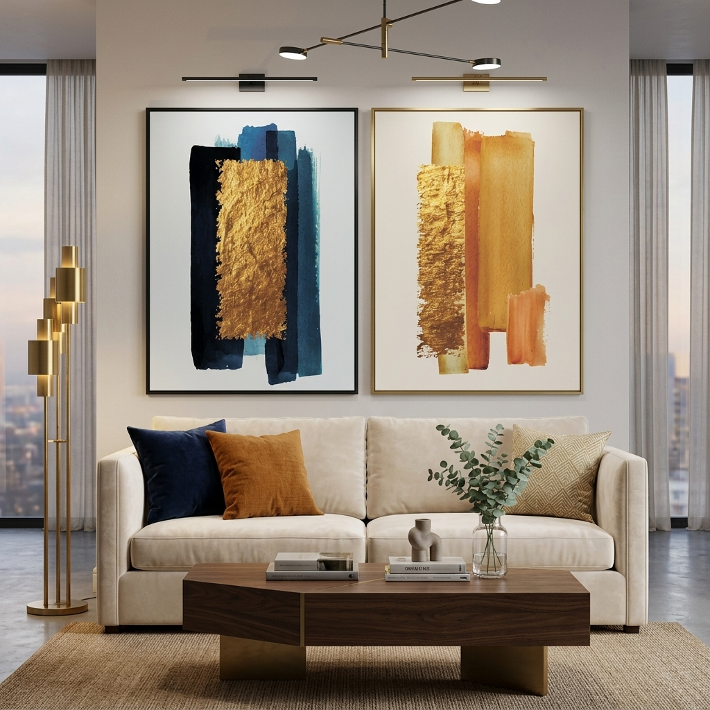 Modularer Kunstdruck auf Leinwand, mehrteilig, goldfarben und blau, auf weißem Hintergrund